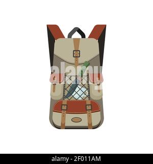 Wanderrucksack mit Wanderausrüstung, Messer und Metallbecher oder Becher in der Tasche isolierte Campingausrüstung. Vector Tourist haversack, Rucksacktouristen Erholung Stock Vektor