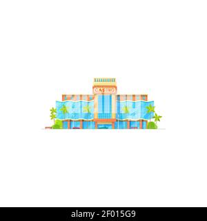 Casino Gebäude Fassade isoliert flache Ikone. Vector Entertainment Infrastruktur Haus im Resort mit Palmen. Casino mit Neonschildern, Taxi Stock Vektor