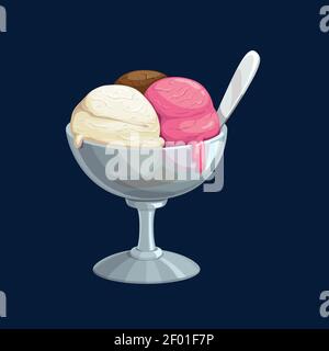 Sommer Dessert Eis Vanille, Schokolade und Erdbeerbällchen in Glasschale isoliert realistische Ikone. Vector drei Eiskugeln und Löffel. Sommer de Stock Vektor