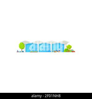 Bahnhof Terminal mit Lokomotive Zug und Parkzone isoliert. Vector Gebäude der Eisenbahn, U-Bahn-Design. Grüner Baum, Bus und Taxi, Stock Vektor