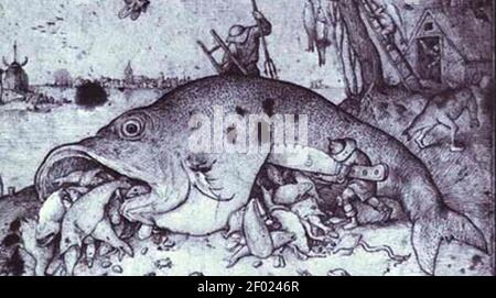 Pieter Bruegel der Ältere. Große Fische Essen Kleine Fische. 1556. Stockfoto