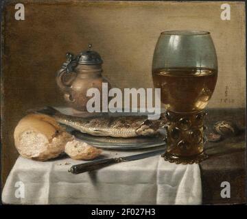 Pieter Claesz. - Stillleben mit Steinzeug Krug, Weinglas, Hering und Brot Stockfoto