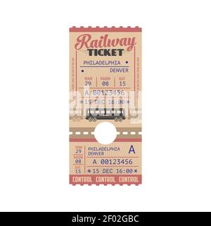 Vector Bahnticket Mockup isoliert Symbol. Bahnticket, Wagen und Sitz, Bahnschild, Abfahrtstag. Reise von Philadelphia nach Denver, contro Stock Vektor