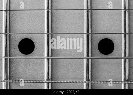 Ein abstraktes monochromes Makro Nahaufnahme von Saiten und Bünde auf Der Ahornhals eines Fender Telecaster Modern Player Electric Gitarre Stockfoto