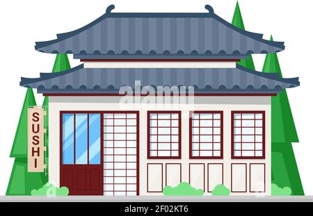 Sushi-Bar, isoliertes Straßengebäude, Außendesign. Vector Fassade des japanischen Restaurants, chinesische Küche Stock Vektor