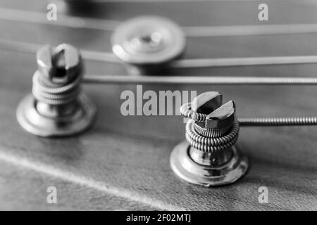 Ein monochromes Makro Nahaufnahme von Stimmpfosten und Saiten an Der Ahornstock einer E-Gitarre - ein Fender Telecaster Modern Player Stockfoto