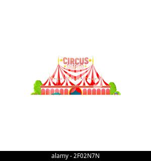 Shapito Wanderzirkus Zelt isoliert gestreifte Markise Ikone. Vector Big Top Zirkus, Fassade von Entertainment-Gebäude mit Fahnen dekoriert. Bäume und Vehi Stock Vektor