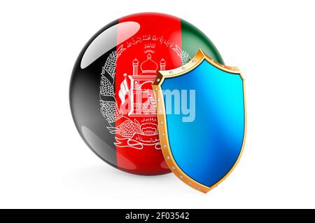 Afghanische Flagge mit Schild. Protect of Afghanistan Konzept, 3D Rendering isoliert auf weißem Hintergrund Stockfoto