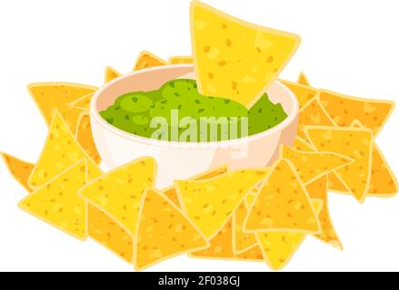 Mexikanische Nachos und Guacamole Salsa. Mexiko Nachos Chips Fast Food Snack Vektor isoliert Symbol Stock Vektor