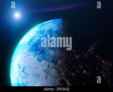 Sat-Blick auf die Erde vom Weltraum aus gesehen. Die Sonne über dem Europa und Nordafrika. Städte in der Nacht beleuchtet. Sunrise Stockfoto