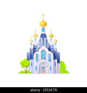 Christliche orthodoxe Kirche mit Kuppeln isoliert religiösen Gebäude. Vektor-Fassade der katholischen Kapelle mit Kreuz, heilige traditionelle Cartoon-Kirche mit gr Stock Vektor