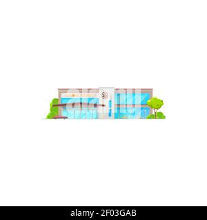 Tierklinik Gebäude Fassade isoliert Tierarzt Zentrum mit Auto und grünen Bäumen. Vector PET Shop Geschäft, Hunde und Katzen kommerziellen Krankenhaus, medizinische veterina Stock Vektor