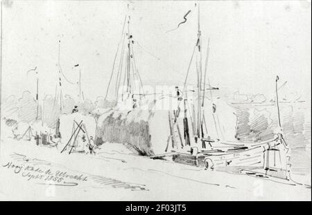 Pieter van Loon - Gezicht op enkele afgemeerde hooischuiten langes de Wittevrouwensingel te Utrecht. Stockfoto