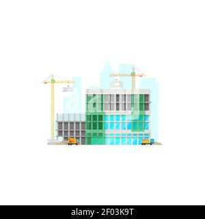Baubüro, mehrstöckiges Gebäude, Einkaufszentrum. Vector Kräne und Hebeblöcke, Maschinen transportieren Beton Mischer und Stock Vektor