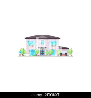 Vorstadt Herrenhaus, Immobilien-Gebäude zum Verkauf oder zur Miete, Cartoon-Chalet mit Bäumen isoliert Ikone. Vector Landhaus-Villa mit Panoramafenstern, Eingang d Stock Vektor