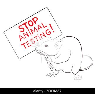 Ratte protestiert und hält Banner gegen Tierversuche. Linie Kunst stoppen Grausamkeit Konzept.Vektor-Illustration. Stock Vektor