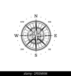 Retro Wind der Rose, Kompass isoliert monochrome Symbol. Vektor-Wind Rose geographischen Kardinal, Kompass Rose Diagramm zeigt nach Norden, Süden, Osten und Westen Stock Vektor