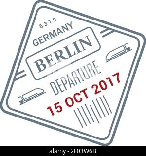 Berliner Eisenbahn-Ausreisevisum, internationale Briefmarke über den Urlaub Deutschlands. Zug- und Datenzeichen isolierter Vektor Stock Vektor