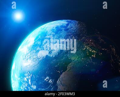 Sat-Blick auf die Erde vom Weltraum aus gesehen. Die Sonne über dem Europa und Nordafrika. Städte in der Nacht beleuchtet. Sunrise Stockfoto