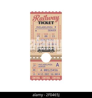 Vector Bahnticket Mockup isoliert Symbol. Bahnticket, Wagen und Sitz, Bahnschild, Abfahrtstag. Reise von Philadelphia nach Denver, contro Stock Vektor