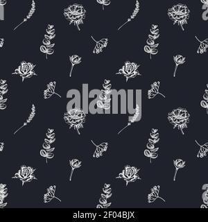 Nahtloses Muster mit handgezeichneten Kreiderosen, Anemone, Eukalyptus, Lavendel, Pfingstrose, viburnum Stock Vektor