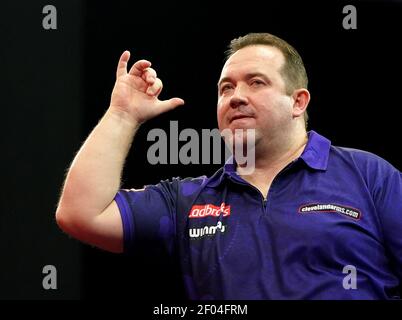 Brendan Dolan am zweiten Tag des Ladbrokes UK Open 2021 Turniers in der Marshall Arena, Milton Keynes. Bilddatum: Samstag, 6. März 2021. Stockfoto