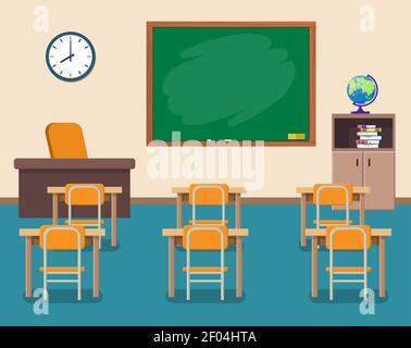 Schulklasse mit Tafel und Schreibtischen. Stock Vektor