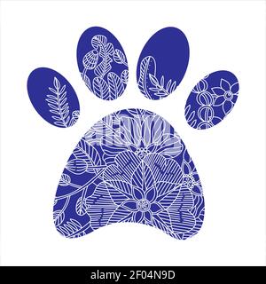 Silhouette von blauen Hundepfoten mit Doodle abstrakten Blumen und Blättern. Vektorgrafik, zentangle Konzept. Stock Vektor
