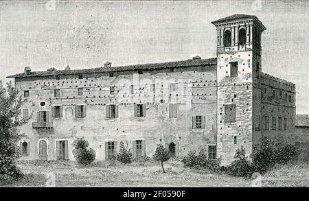 Pinarolo Po antico castello dei Malaspina xilografia di Barberis. Stockfoto
