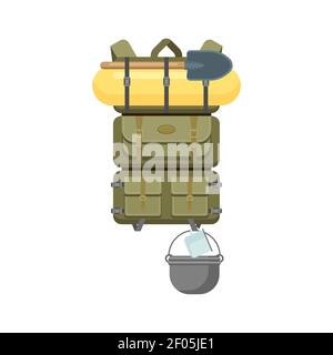 Rucksack mit Schlafsack, Kochkanne und Tasse isoliert reisen Rucksack Symbol. Vector Rucksack mit Spaten oder Schaufel, Tasche mit touristischer Ausrüstung, ca. Stock Vektor