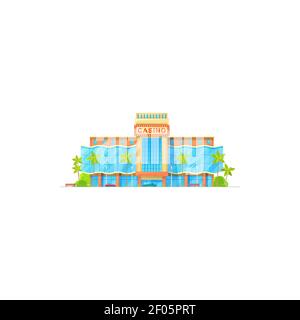 Casino Gebäude Fassade isoliert flache Ikone. Vector Entertainment Infrastruktur Haus im Resort mit Palmen. Casino mit Neonschildern, Taxi Stock Vektor