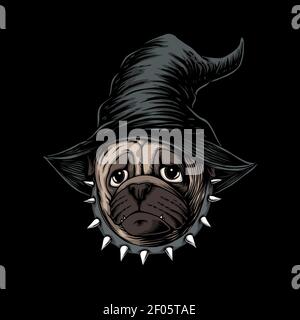 Halloween Pug Hund tragen Hut Hexe Vektor Illustration für Ihre Unternehmen oder Marke Stock Vektor