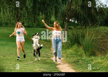 Fröhliche Mutter und Tochter laufen im Sommerpark und spielen Mit entzückenden Border Collie Hund, während Spaß zusammen an Wochenende Stockfoto