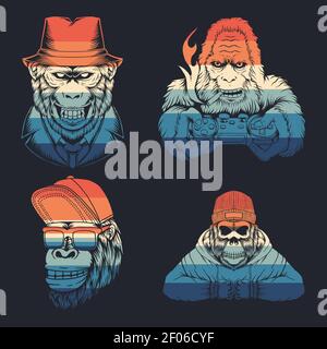 Monkey Set Kollektion Retro Vektor Illustration für Ihr Unternehmen oder Marke Stock Vektor