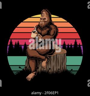 Bigfoot entspannende Kaffee Sonnenuntergang retro Vektor Illustration für Ihr Unternehmen Oder Marke Stock Vektor
