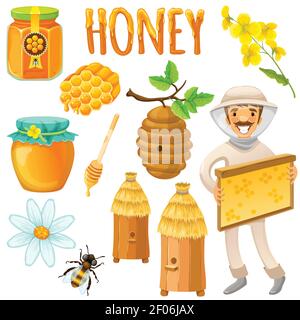 Honigfarbenes und isoliertes Icon-Set mit glücklichen Imkerarbeiten Auf einer Apiarvektordarstellung Stock Vektor