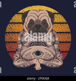 Yoga Pug Hund Sonnenuntergang retro Vektor Illustration für Ihr Unternehmen Oder Marke Stock Vektor