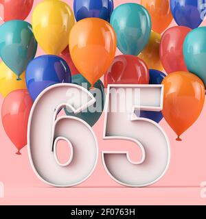 Happy 65th Geburtstag Hintergrund mit bunten Ballons. 3D Rendering Stockfoto