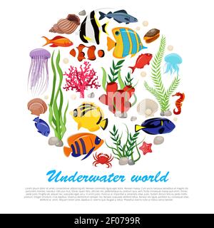 Sea Life Tiere Pflanzen Poster mit isolierten Icon-Set kombiniert In großen runden und Unterwasserwelt Beschreibung Vektor Illustration Stock Vektor