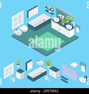 Isometrisches Interieur Bad Layout mit isolierten farbigen Icon-Set und Kombinierte Komposition Vektor Illustration Stock Vektor