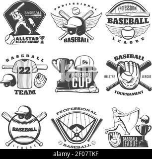 Baseball schwarz weiß Embleme von Mannschaften und Turnieren mit Sport Ausrüstung Tasse Spieler isoliert Vektor-Illustration Stock Vektor