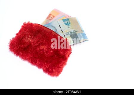 Rote Geldbörse mit Geld auf weißem Hintergrund. Draufsicht. Stockfoto