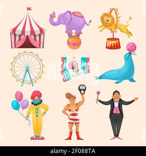 Bunte Reihe von verschiedenen Zirkus Charaktere Tiere Vergnügungsfahrten Veranstaltung Tickets und abgestreifte Marguee Symbole Vektor-Illustration Stock Vektor
