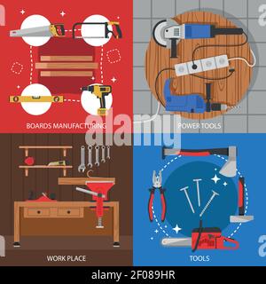 Tischlerei farbige Kompositionen mit der Herstellung der Bretter arbeiten die Elektrowerkzeuge Isolierte Vektordarstellung der Instrumente Stock Vektor