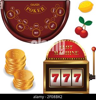 Realistische Casino Online-Spiele mit Goldmünzen Pokertisch gesetzt Slot Maschine Kirsche Zitrone isoliert Vektor-Illustration Stock Vektor