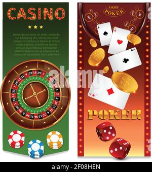 Realistische Casino-Spiele vertikale Banner mit Roulette-Chips Spielkarten Poker Tisch Goldmünzen Würfel Vektor Illustration Stock Vektor