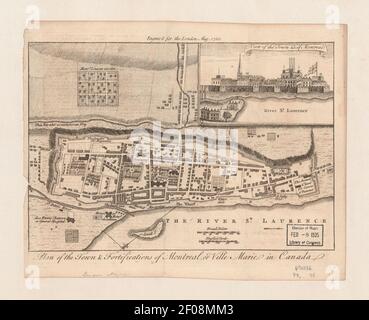 Plan der Stadt & Befestigungsanlagen von Montreal, oder Ville Marie in Kanada Stockfoto