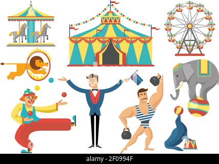 Circus dekorative flache Ikonen Set mit Fahrten gestreiften Zelt trainiert Tiere starker Mann Clown isoliert Vektor-Illustration Stock Vektor