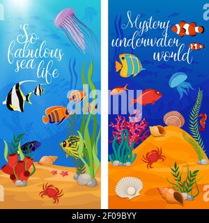 Zwei vertikale Sea Life Tiere Pflanzen Banner-Set mit Fisch Und Titel Vektordarstellung Stock Vektor