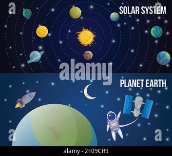 Zwei horizontale Raum Universum mit Beschreibungen des Sonnensystems gesetzt Und Planeten Erde Vektor Illustration Stock Vektor